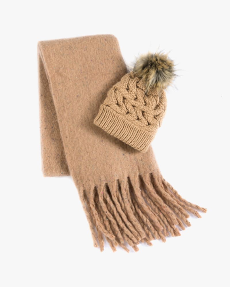 Front of a size None Adriane Scarf and Hat Set in Camel by Shiraleah. | dia_product_style_image_id:243018